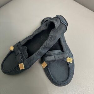 Navy Blue Burberry Sumpter Loafers with Gold Accents